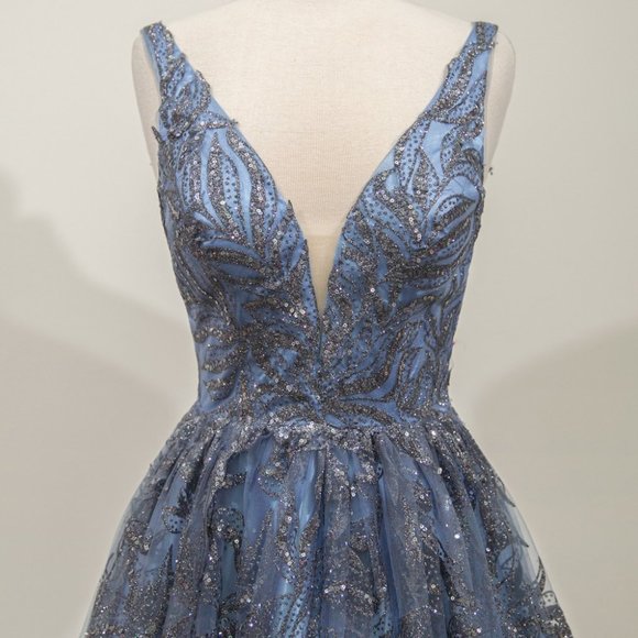 NEW SMOKEY BLUE FLORAL GLITTER PRINT Evening BALL EVENING PARTY GOWN Dress CD812 - Picture 2 of 7